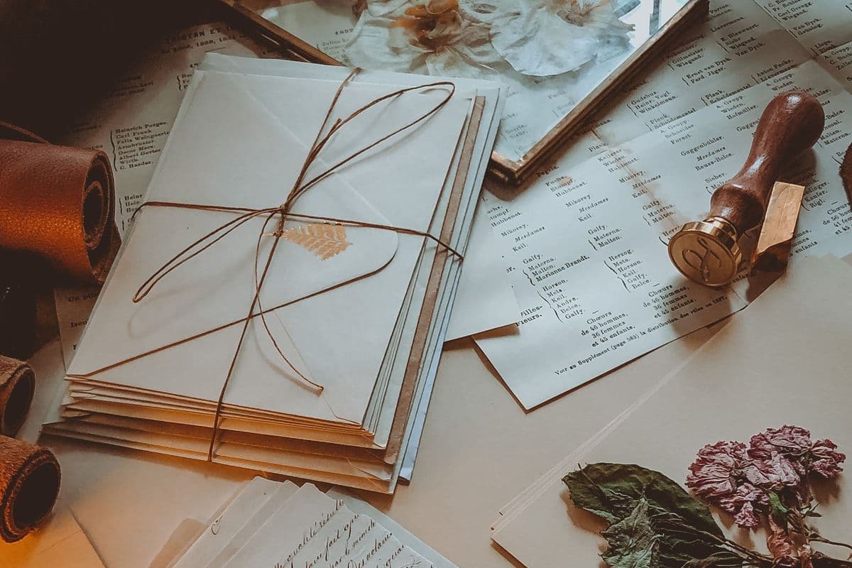 A stack of cream envelopes tied with string beside a wax seal stamp, old printed papers and dried pink flowers on a desk