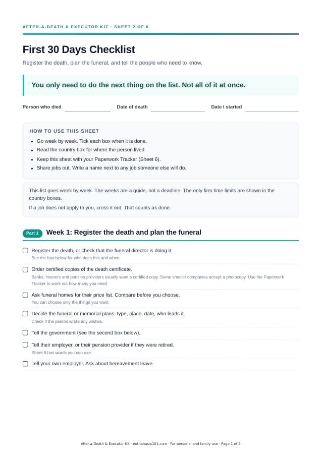 First page of "First 30 Days Checklist" from the After-a-Death & Executor Kit