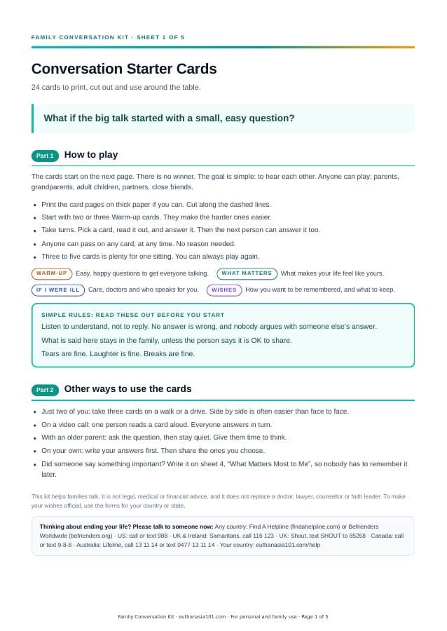 First page of "Conversation Starter Cards" from the Family Conversation Kit