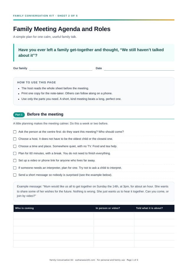 First page of "Family Meeting Agenda and Roles" from the Family Conversation Kit