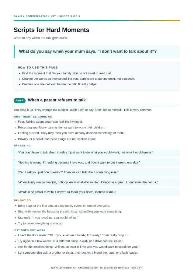 First page of "Scripts for Hard Moments" from the Family Conversation Kit