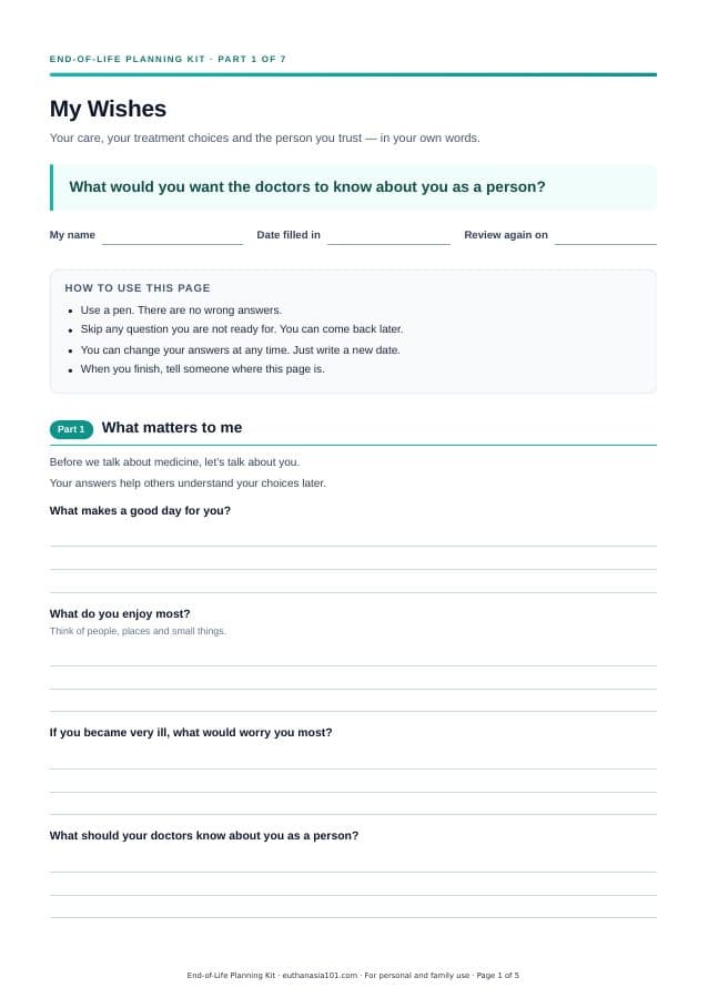 First page of "My Wishes Worksheet" from the End-of-Life Planning Kit