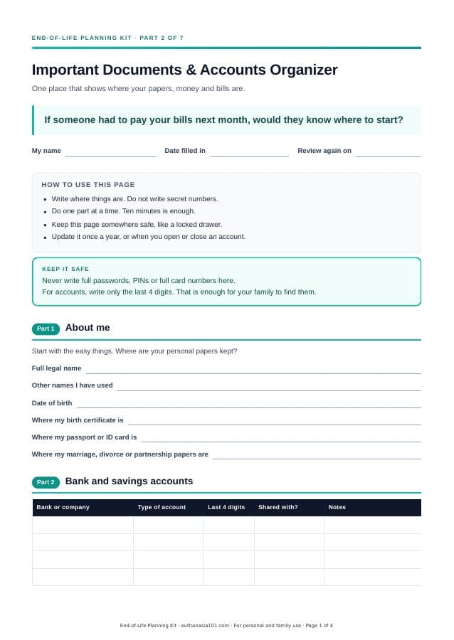 First page of "Important Documents & Accounts Organizer" from the End-of-Life Planning Kit